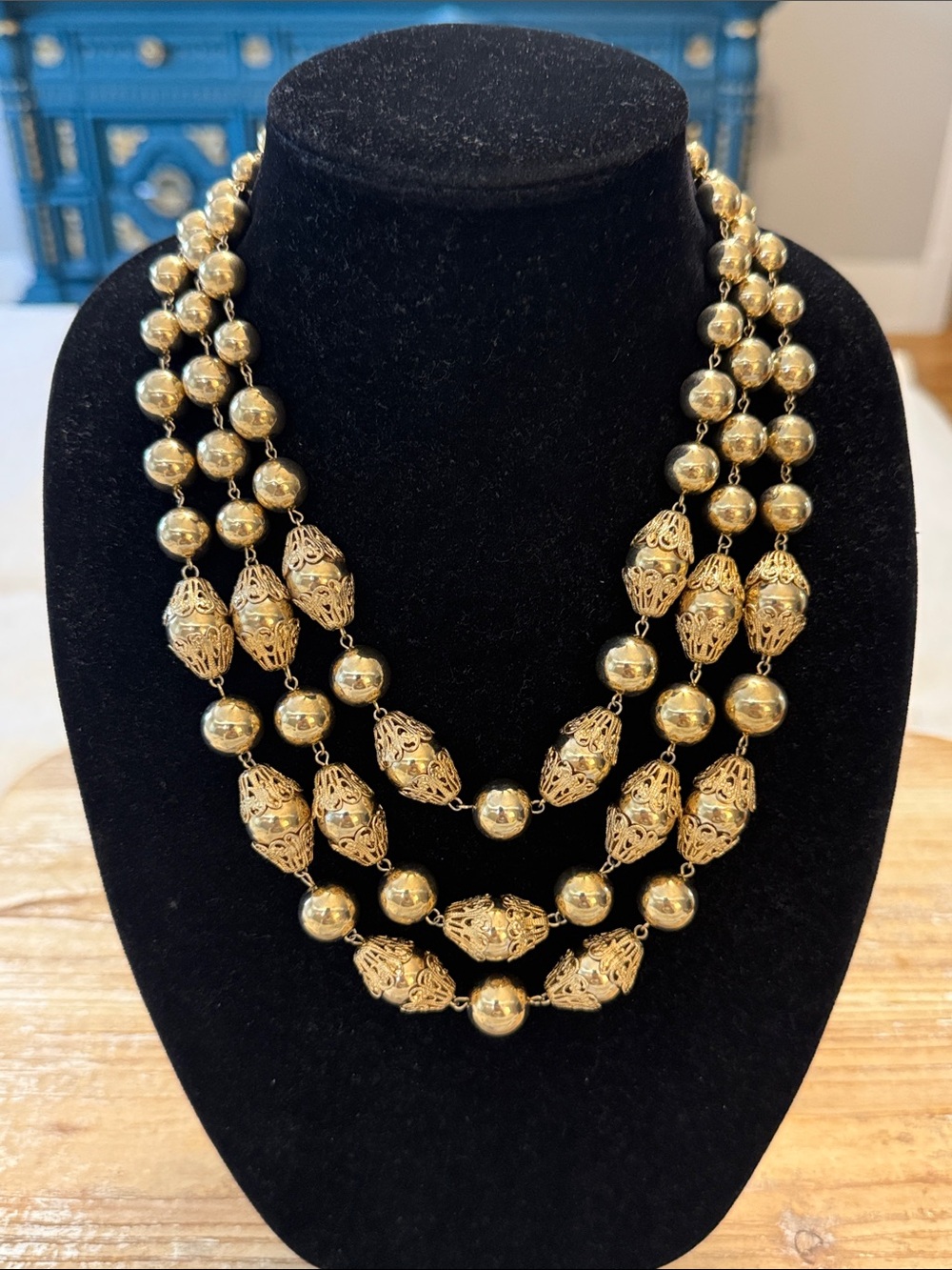 Vintage Gold Tone Beaded Triple Layered Choker Collar Statement Necklace